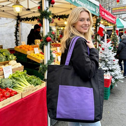 Commuter Tote Bag for Women, Black Canvas Shopping Tote, 27L Everyday Work Bag with Zip Top, 2 Outer Pockets, Short Handles, Inner Zipper Pocket, Utility Carryall for Laptop, Lunch and Grocery Runs