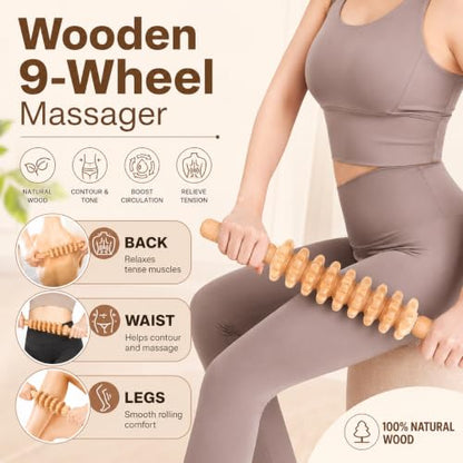 Ciieeo 6 Pcs Wood Therapy Massage Tools Set Wooden Roller Stick Massage Cups Therapy Tools for Body Shaping Office Fatigue Relief Circulation Support
