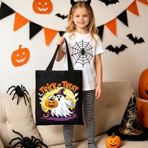 Canvas Tote Bag with Zipper for Women, Halloween Trick or Treat Bags Bulk | 13.8" x 15.3" Fashionable Two-Tone Cotton Tote Bag for Crafts, DIY Your Creative Designs - color: [A0] Halloween - Black