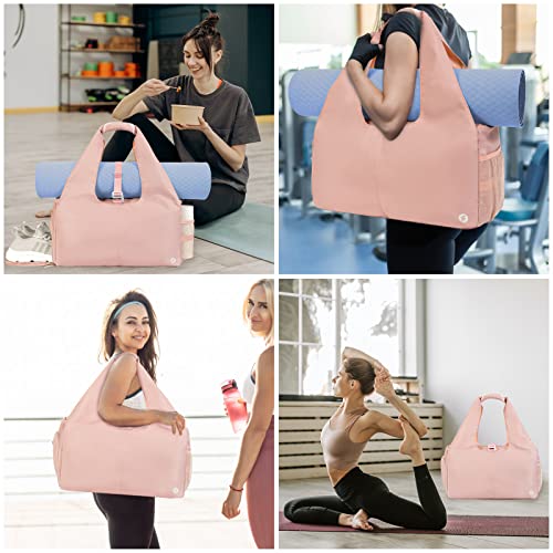 Sportsnew Tote Yoga Mat Gym Bag 20L Women W/Shoe Compartment Wet Dry Pocket | Water-Resistant Gym Tote - Mat Strap, Ventilated Shoe Bin, Wet Pocket, Padded Handle, Multi Pockets, Side Mesh & Key Clip - color: Pink