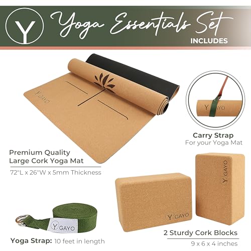 Y O Gayo Premium Cork All-in-One Yoga Essentials Kit -Large Cork Yoga Mat 5mm and Blocks Set with Carry Strap and Alignment lines, 10ft Stretch Strap, Your Ultimate Yoga Starter Set