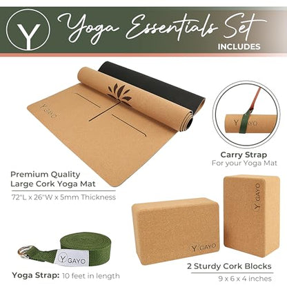 Y O Gayo Premium Cork All-in-One Yoga Essentials Kit -Large Cork Yoga Mat 5mm and Blocks Set with Carry Strap and Alignment lines, 10ft Stretch Strap, Your Ultimate Yoga Starter Set