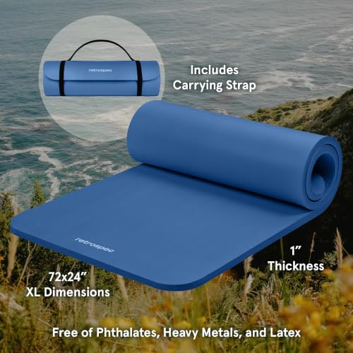 Retrospec Solana Yoga Mat 1" Thick w/Nylon Strap for Men & Women - Non Slip Exercise Mat for Home Yoga, Pilates, Stretching, Floor & Fitness Workouts - color: Denim Blue