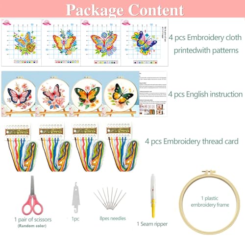 Zhenqing 4 Butterfly Floral Cross Stitch Kit, 11CT Printed Fabric with Hoop | 4 butterfly floral designs with 11CT printed fabric, floss, one hoop, tools and English guides. - color: 4 Butterfly Kit