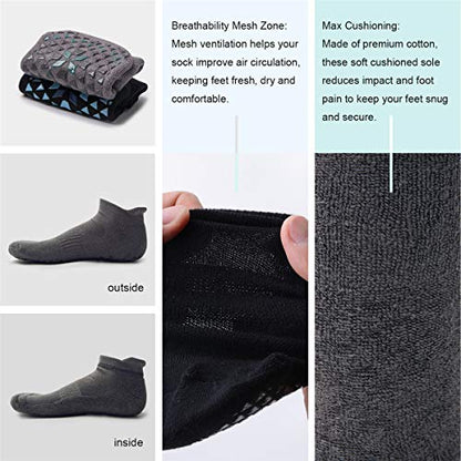 Hylaea Unisex Non Slip Socks with Grip for Yoga, Hospital, Pilates, Barre | Ankle, Cushioned | Breathable Cotton, Thick Cushioned Sole, Anti-Slip, Ankle Protection, Men Women, Ideal for Yoga, Barre, Hospital & Home Use - color: 2 Pairs Black Gray (Bicolor