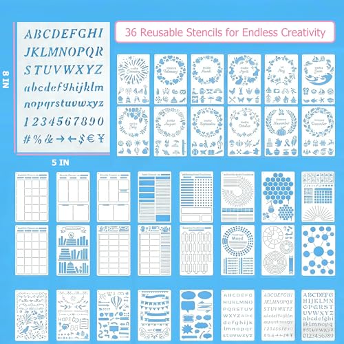 36 PCS Journal Stencils Kit, Reusable Planner Templates for Creative Journaling, Drawing and Organizing, Essential Journal Supplies and Accessories for DIY Planning