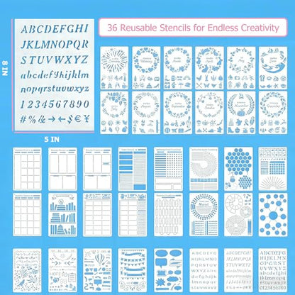36 PCS Journal Stencils Kit, Reusable Planner Templates for Creative Journaling, Drawing and Organizing, Essential Journal Supplies and Accessories for DIY Planning
