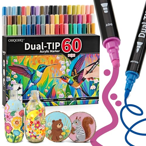 Acrylic Paint Markers 60 Colors with Dot Tip and Fine Tip | Ideal for Rock Painting, Stone, Wood, Paper, Canvas, Ceramic, Glass, Fabric & DIY Crafts - size: 60 Count (Pack of 1)