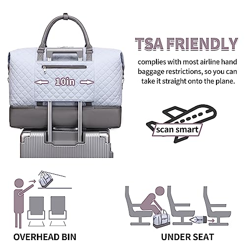 Weekender Bag, Large Travel Duffel Bag for Women, Carry on Overnight Bag with Shoe Compartment and Toiletry Bags - color: B-Light-Blue