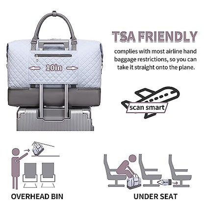 Weekender Bag, Large Travel Duffel Bag for Women, Carry on Overnight Bag with Shoe Compartment and Toiletry Bags - color: B-Light-Blue