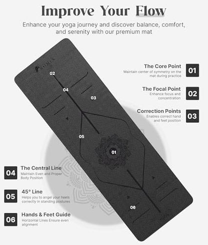 ROMIX Pro Yoga Mat With Alignment Lines, 6Mm Thick Non-Slip Exercise Mat - color: Black