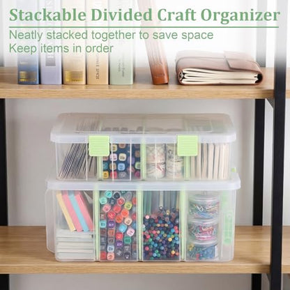 BTSKY Clear Plastic Dividing Storage Box with 4 Compartments Sewing Box | 13.3x8.1x3.4 Inches Adjustable Storage Bin with Lid Plastic Craft Storage Container Multipurpose Art Supply Organizer Green - size: 13.3x8.1x3.4 Inches-Green