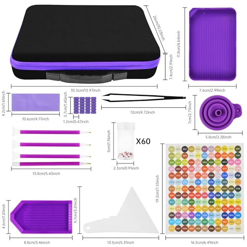 Mlife Diamond Art Painting Storage Boxes,1 Diamond Painting A4 Light Box Tracing Light Board with 3 Brightness, 80 Slots Bead Storage with 5D Diamond Art Accessories and Tools Kit（Purple） - color: purple