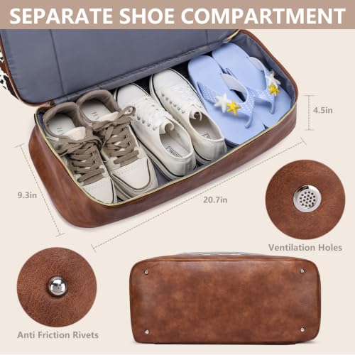 Large Women Travel Weekender Bag: Carry on Duffle with Shoe Compartment | Overnight Duffel Bags with Wet Pocket, Crossbody & Toiletry Bag, 3PCS Womens Traveling Tote Set for Hospital Gym Weekend Trip - color: Brown Cow Print