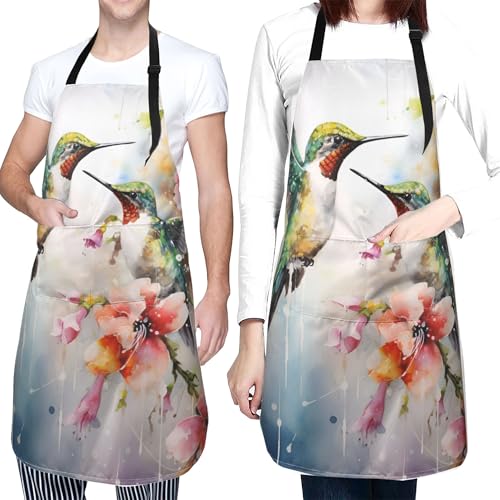 Artist Painting Apron with 2 Pockets Painters Art Aprons Gifts for Women Men - color: Flroal Hummingbird Painting