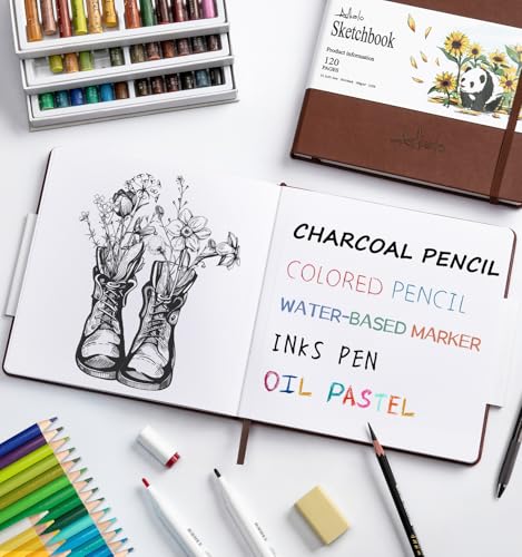 Sketchbook for Drawing, 120 Pages Sketch Book, 122LB/180GSM Thick Paper | Mixed Media Sketchbook for Charcoal Pencil, Inks Pen, Colored Pencil, Acrylic Marker, Oil Pastel - color: Brown, size: Large (10×10INCH)