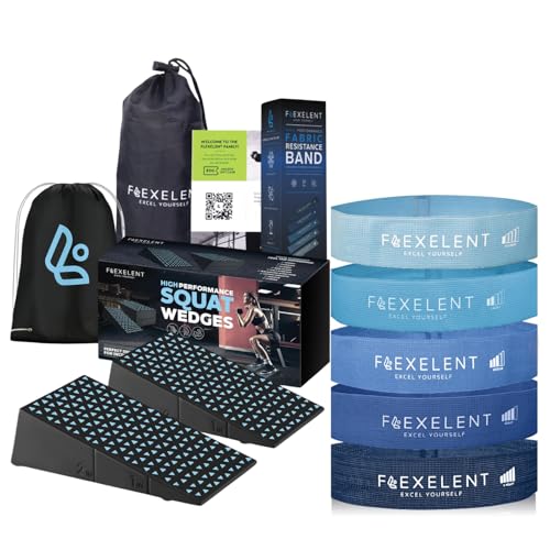 Flexelent Blue Squat Wedge Block & Fabric Resistance Bands Bundle, Heel Elevated Squat Wedge for Weight Lifting with Short Fabric Exercise Bands for Legs, Glutes, and Strength Training