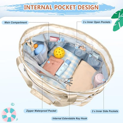 Extra Large Beach Bags for Women, Waterproof Sandproof Beach Tote Bag Foldable Swim Pool Bag with Zipper and Wet Pocket - color: Khaki White