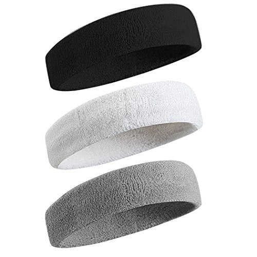 BEACE Sweatbands Sports Headband for Men & Women - Moisture Wicking Athletic Cotton Terry Cloth Sweatband for Tennis, Basketball, Running, Gym, Working Out - color: Black/White/Gray