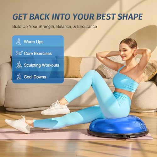 ZELUS 25in. Balance Ball | 660lb Inflatable Half Exercise Ball Wobble Board Balance Trainer w Nonslip Base | Half Yoga Ball Strength Training Equipment w 2 Bands, Pump, Extra Ball Included - color: Blue