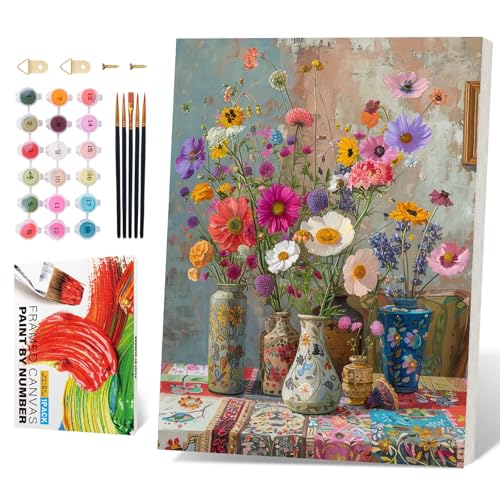 PRASIO Framed Paint by Numbers Kit for Adults Beginner, Vintage Flowers Adult Paint by Number Kits on Canvas Framed, DIY Acrylic Watercolor Oil Paint by Numbers with Frame for Home Decor 16x20 Inch - color: XM-OP-F-ColorfuVases-4050