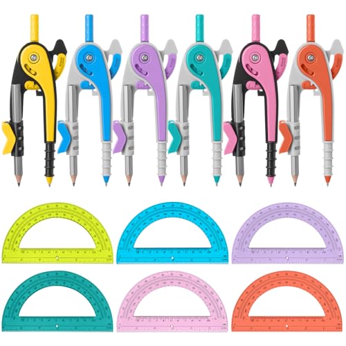 Chengu 6 Set Compass and Protractor Set, Operation Christmas Items Bulk Multicolor Compass Geometry Tool 6 Inch 180 Degree, Math Graphing Drawing Tools for Office and School Supplies