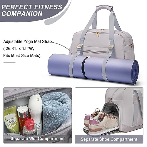Sports Gym Bag for Women, Travel Duffle Bag with Shoe Compartment & Wet Pocket, Fitness Yoga Bag - color: Grey
