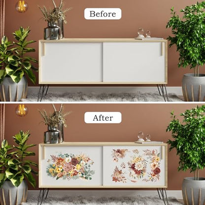 Joeyan Boho Flower Bouquets Rub On Transfers for Furniture and Crafts, 2 Large Flower Design Sheets 12''x18'', DIY Home Decal on Wood Glass Metal Canvas Porcelain Paper Plastic, Champagne Season - style: Boho Flower Bouquets