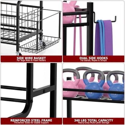 4-Tier Home Gym Storage Rack with Wheels and Hooks, Dumbbell Stand | 340 lbs 4-Tier Dumbbell Rack, Kettlebell Stand and Sports Equipment Organizer for Home Gym, Garage, Apartment
