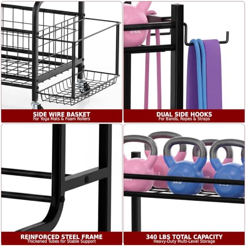 4-Tier Home Gym Storage Rack with Wheels and Hooks, Dumbbell Stand | 340 lbs 4-Tier Dumbbell Rack, Kettlebell Stand and Sports Equipment Organizer for Home Gym, Garage, Apartment