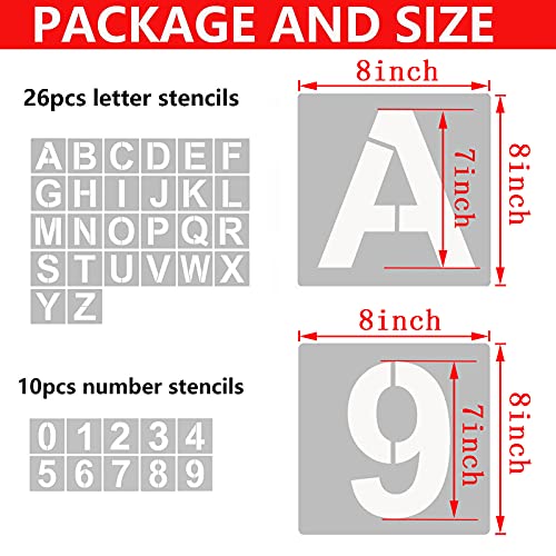 YEAJON 36 Pcs Letter Stencils and Numbers, Alphabet Craft Stencils, Reusable Plastic Stencils for Painting on Wood, Wall, Fabric, Rock, Chalkboard, Signage, DIY School Art Projects (8 Inch) - size: 8 Inch