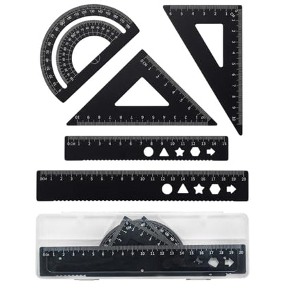 Triangle Ruler, 6 Pcs Aluminum Drafting Triangle Set with Metal Protractor, Professional Metal Ruler Kit for School Math Classes and Engineering Drafting, Portable Geometry Tools with Protective Case