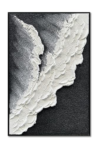 NANKAI Hand-Painted Thick Texture Black and White Abstract Canvas Art Ocean Wave Beach Landscape Oil Painting Home Wall Art Deco Oil Painting 24X36 Inches (with Solid Wood Exterior Frame) - color: Nkhb282