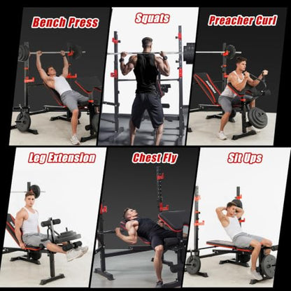MAIDOMA Multi-Function 8 in 1 Foldable Weight Bench Set with Leg Extension - color: rust red