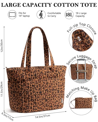 Bagstellar Quilted Tote Bag for Women Teacher Nurse Cotton Laptop Work Tote | Top Zip Closure Puffer Nursing School Travel Tote Bags with 40oz Cup Holder, Lightweight 14” Computer Shoulder Handbag Purses - color: Leopard
