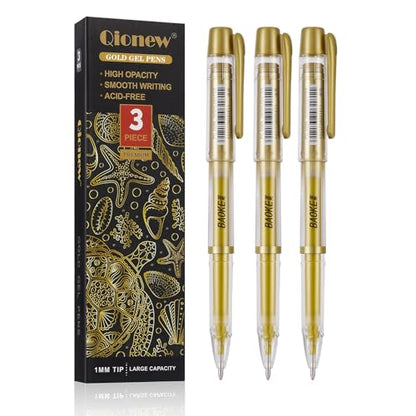 Qionew Gold Gel Pens, 3 Pack, 1mm Fine Gel Ink Pen, Opaque Ink, for Artists Drawing on Black Paper, Sketching, Illustration, Card Making, Bullet Journaling - size: 1 Count (Pack of 3), style: Gold