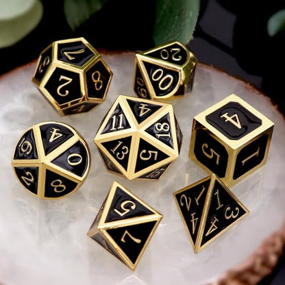 Haxtec Metal DND Dice Set, 7 Pcs Black Polyhedral Dice for Table Games | Gold Number D&D with Leather Bag, Compatible with Dungeons and Dragons, Enamel Heavy Metallic, RPG Gifts for DND Lovers - color: Gold Black