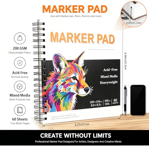 Marker Pad 8.9x8.3 Inch – 60 Sheets, 200gsm, Spiral Sketchbook | Bleed-Proof Drawing Paper for Alcohol Markers, Colored Pencils & Mixed Media | Acid-Free Art Pad for Artists & Adults - size: 8.9x8.3
