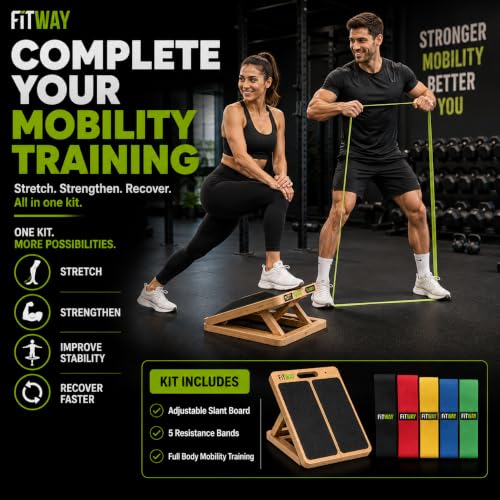 Adjustable Wooden Slant Board, 5-Level Calf Stretcher for Mobility & Rehab | Non-slip velour surface, 5-level incline, 5 resistance bands. Foldable, portable for home gym, physical therapy & rehab use.