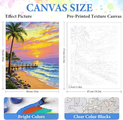 ZRIZQ Beach Paint by Numbers Kit for Adults Beginner,Sunset,16x20 | Full set with rich paints,wooden brushes,rolled canvas.Calming activity.Beginner friendly.Just open and paint. - color: 16"X20"Rolled Canvas-Beach 1