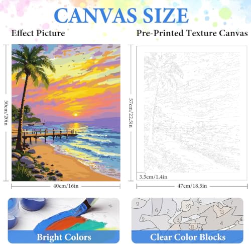 ZRIZQ Beach Paint by Numbers Kit for Adults Beginner,Sunset,16x20 | Full set with rich paints,wooden brushes,rolled canvas.Calming activity.Beginner friendly.Just open and paint. - color: 16"X20"Rolled Canvas-Beach 1
