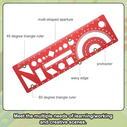 HARFINGTON Multifunctional Geometric Rulers 15cm Metric and SAE Aluminum Straight Edge Protractor Angle Math Measuring Ruler Geometric Drawings Templates for Drawing Drafting, Red - color: Red