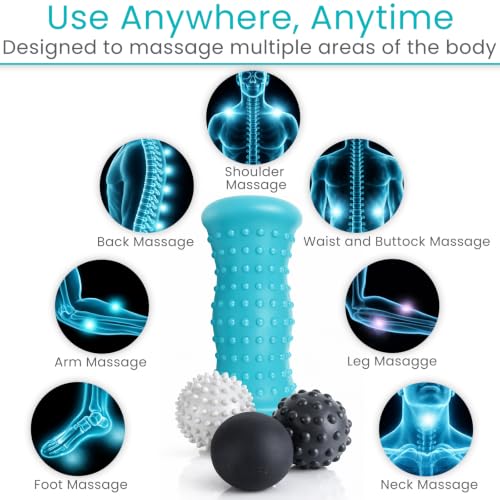 Vive Massage Ball Set (4 Piece) - Plantar Fasciitis Relief Foot Pain Hot | Cold Therapy - Heel Spur, Sore Muscle, Trigger Point, Back, Arm, Neck, Shoulder, Leg Circulation Roller