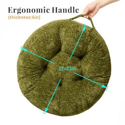 Floor Pillow, Large Meditation Sitting Cushion with Handle | for Tatami, Living Room, Yoga Use for Adults and Kids (1, Round, Green, 22" x 22" x 6") - color: Round, Green
