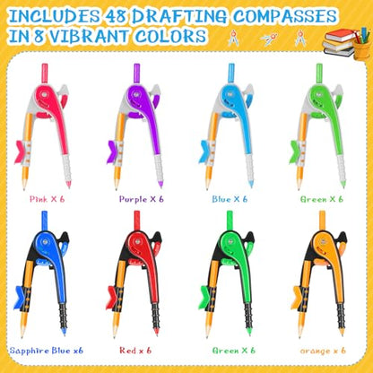 Zonon Student Math Geometry Compass Bulk 6 Inch Plastic Drawing Compass with Pencils Bright Color Precision Tool Back to School Supplies(48 Pcs)
