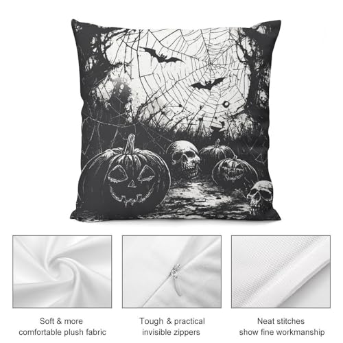 Pumpkins Skulls Spider Web Black White Throw Pillow Covers 18x18 Inch - color: Halloween Pattern Black White