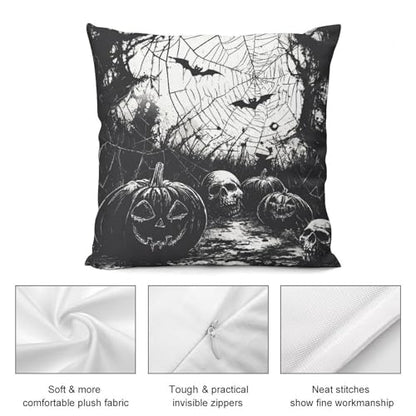 Pumpkins Skulls Spider Web Black White Throw Pillow Covers 18x18 Inch - color: Halloween Pattern Black White