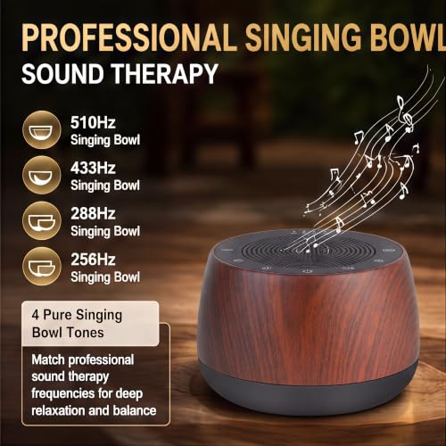 Electronic Tibetan Singing Bowl Portable Meditation Sound Machine 9 Healing Modes Touch Timer Memory for Sleep Yoga Reiki - color: Wood Grain