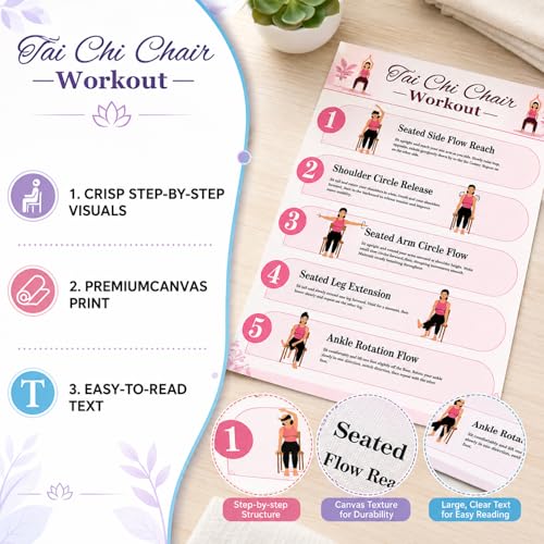 Tai Chi Chair Workout Chart Poster Set,6 Laminated Exercise Charts,30-Day Seated Tai Chi Routine