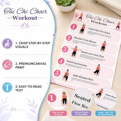 Tai Chi Chair Workout Chart Poster Set,6 Laminated Exercise Charts,30-Day Seated Tai Chi Routine